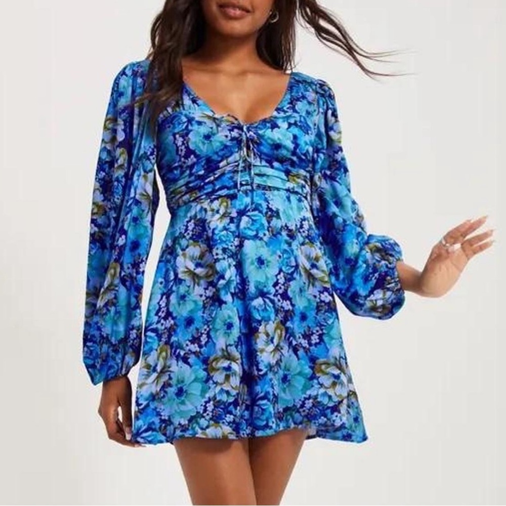 For Love and Lemons Astor Mini Dress Blue Floral X-Small NWT